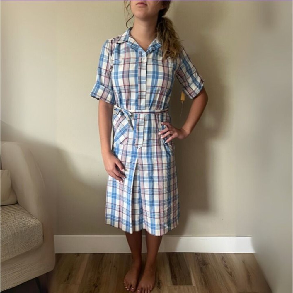 BNWT 1960s Deadstock Vintage Blue Plaid Shirt Dress by Nancy Frock sz 8